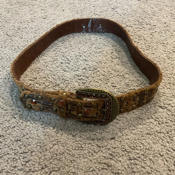 Vintage Brown Crystal Gem Croc Studded Dress Moto Biker Western Belt Y2K sz S/M - Picture 3 of 8